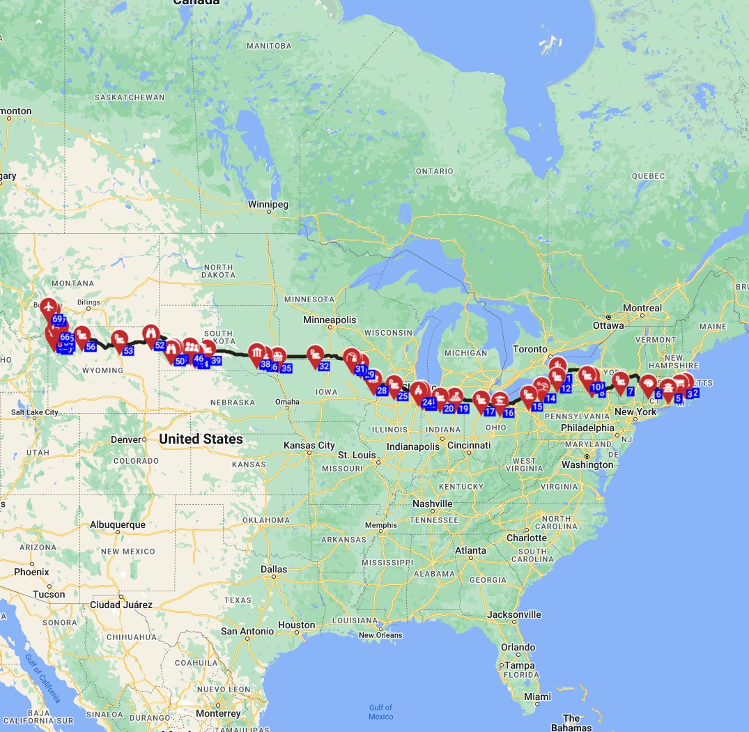 Map for Boston to Bozeman - The Great American Odyssey